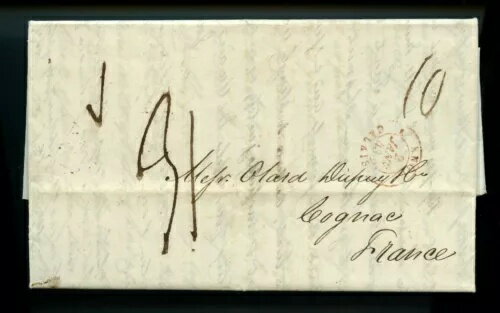 1842年モントリオールコニャックフランス好意英国トランジットmk 2部、切手なしカナダに送付