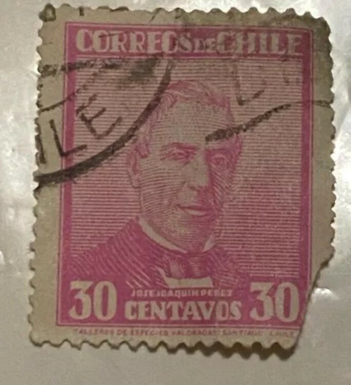 南米切手、チリ。赤と青のインクの切手。