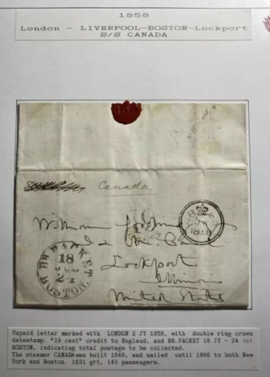 1858年 イギリス・ロンドン発 SSカナダ経由 イリノイ州ロックポート（アメリカ）行き レターシートカバー