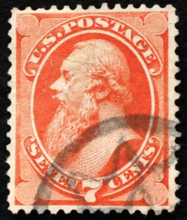 米国中古切手 スコット #160 7セント スタントン、美品。フェイスフリーの幾何学模様ファンシー消印。