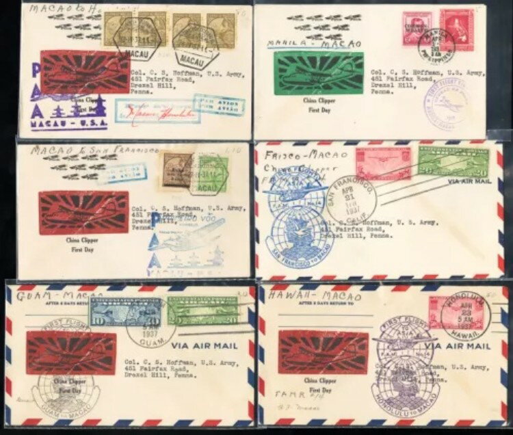 フィリピン切手 1937年 マカオ行きクリッパー航空便カバー6枚セット