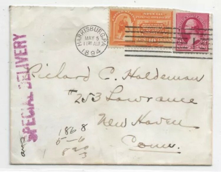 ペンシルベニア州ハリスバーグからコネチカット州ニューヘイブンへの1894年特別配達（Sc # E3）HS-4（52401）