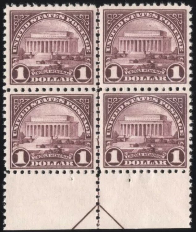 アメリカ (スコット 571) 1 ドル リンカーン記念館、マージンアローブロック 4 枚、ミント-OG-NH VF-XF