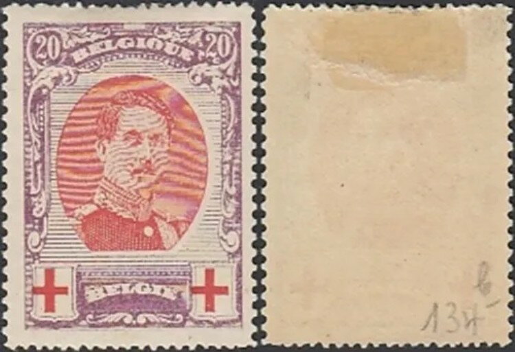 ベルギー 1915年 - 造幣局 ヒンジ付き切手 (MH)。ベルギーカタログ番号: 134B。「赤十字」(EB) AR-00632