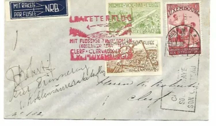 ルクセンブルク：1935年；ロケット初飛行のカバー、ラベル2枚、署名入り、美しい、EBLU01