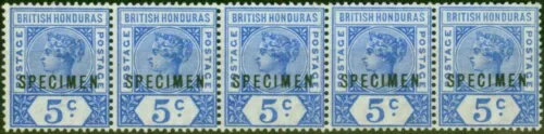 イギリス領ホンジュラス 1895年 5セント ウルトラマリン 標本 SG54s 極上 MNH ストリップ 5枚 (2)