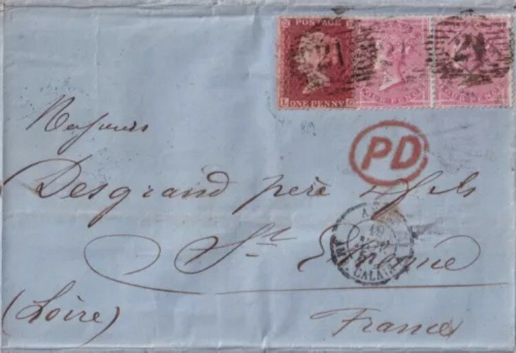 GB QV 1857 4d GARTER SG66 ペア＆ペニーレッドスター付きフランス1857年