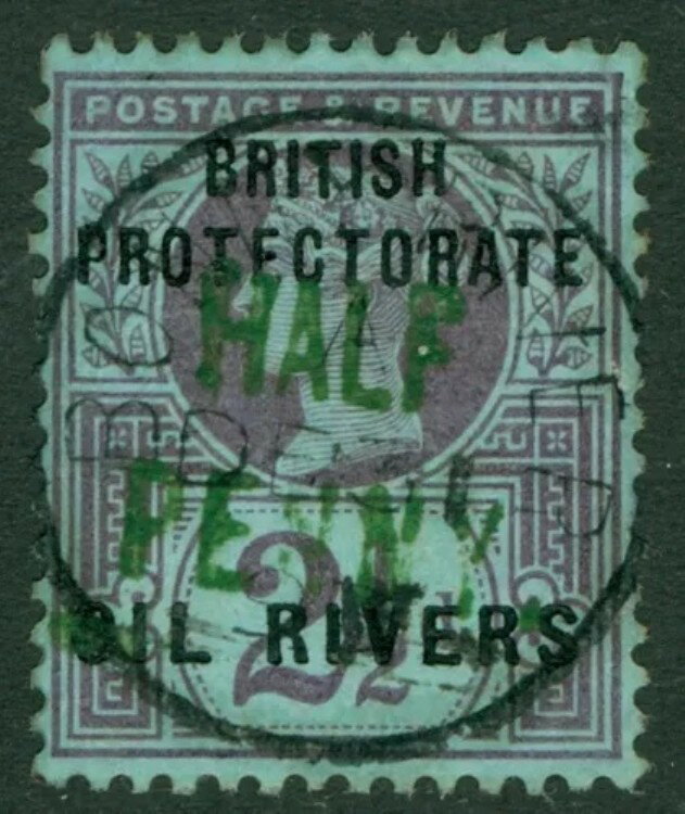 SG 11 ニジェール海岸保護領、オイルリバーズ 1893。?d に 2?d、青地に紫...