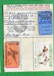 カリフォルニア州 1972年 居住者狩猟免許証 CA#2 未署名 - 834