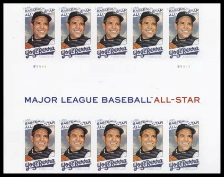 US 5608a MLBオールスター ヨギ・ベラ 不完全なNDCヘッダーガターブロック 10 MNH 2021