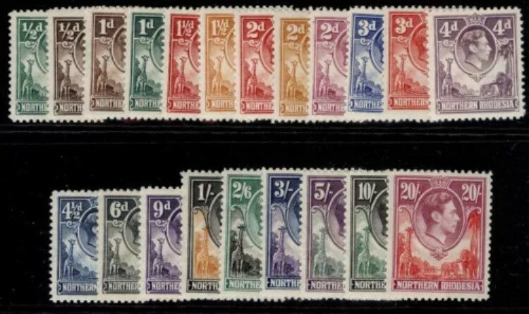 北ローデシア GVI SG25-45、1938-52年コンプリートセット、NH MINT。カタログ価格250ポンド。
