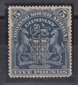 BC149) ローデシア 1898/1908 5ポンド ディープブルーの紋章、SG92、垂直に「Specimen」の刻印。