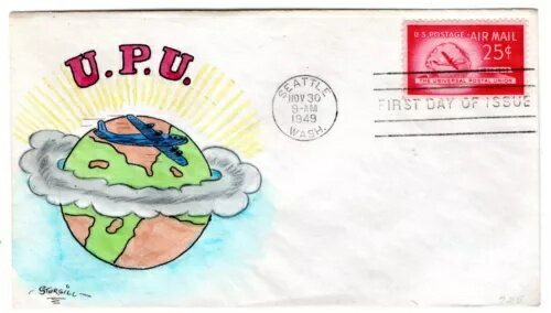 C44 UPU 20セント航空郵便 FDC 1949 カイロ・スターギル 手描き シカゴ IL