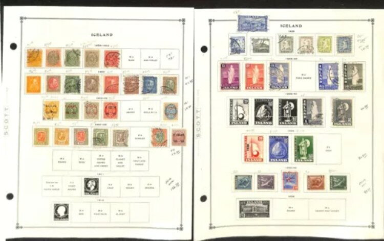 スコット・インターナショナルの32ページにわたるアイスランド切手コレクション、1876-1977年（BA）