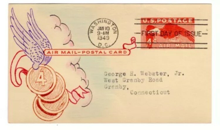 UXC1 イーグル 4セント航空郵便郵便カード 初日 - メイ・ウェイガンド 手描き 非常に希少
