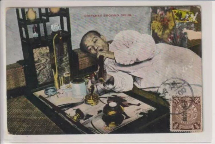 19??-中国-中国人がアヘンを吸っている写真 PC 切手付き ギリシャへ送られたもの 非常に希少