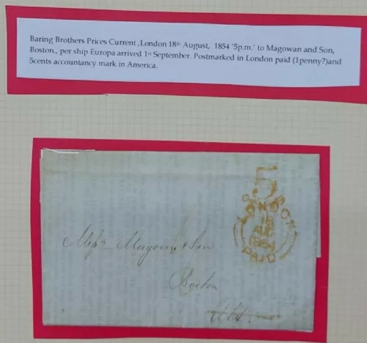 1854年 イギリス（ロンドン）からボストンへ、ヨーロッパ号で送られた手紙、1ペンス＋5セント