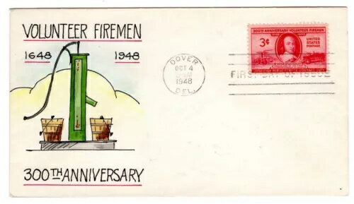 #971 ボランティア消防士 FDC 1948 - 手描き Weigand Dover DE