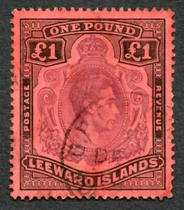 リーワード諸島 SG114 1ポンド ブラウン 紫と黒 赤地にキャット 450ポンド