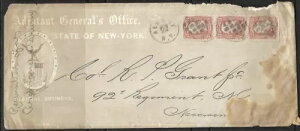 1-1862 米国陸軍参謀総長室封筒カバー # 65 -3セント ワシントンストリップ 3枚