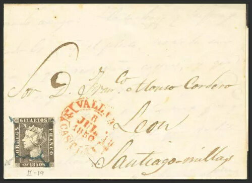 カスティーリャ・イ・レオン州。郵便史。表紙1A。1850年。6クォーター黒貨幣（II-19）。VAL
