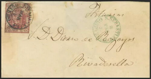 アストゥリアス郵便史。表紙33。1855年。4クォーター・カルミネ。サン・セバスティアン行き。