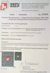 1850-54 5Rp レーヨン ZNr.15 IIf、Sc.7c 緑がかった青 VF ヘルマン証明書付き