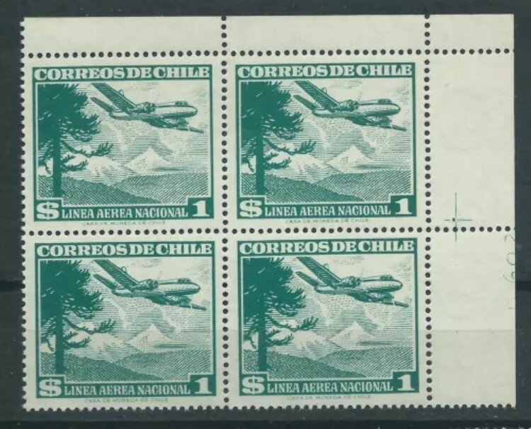チリ 希少 Sc.207a 透かし入り「Casa de Moneda」ブロック 4 MNH コーナーシート