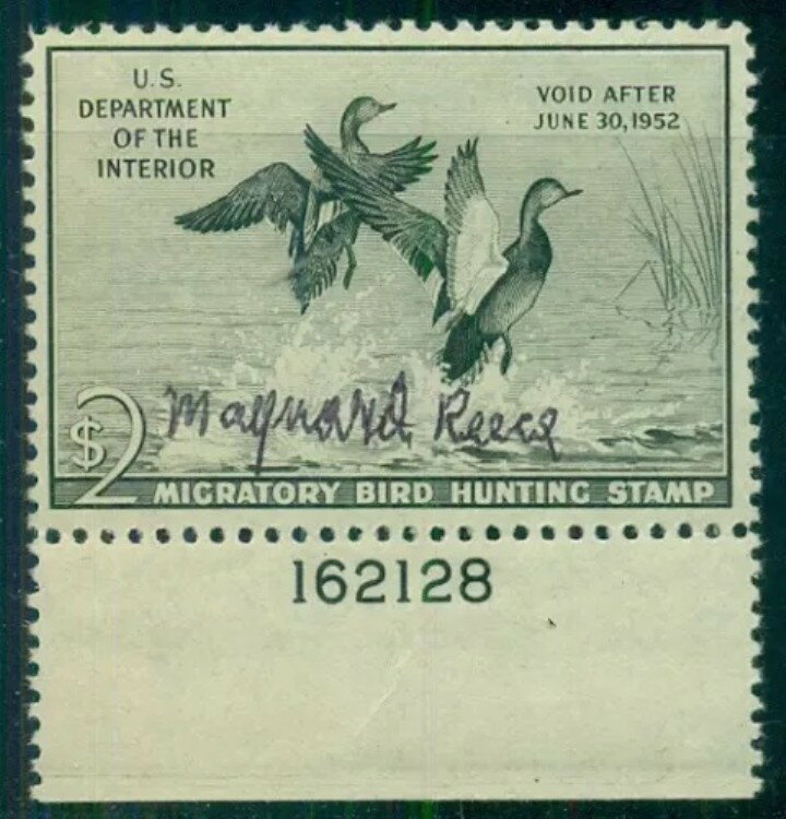 US #RW18、$2.00 オカヨシガモ、プレートNo.シングル、アーティストメイナード・リースのサイン入り