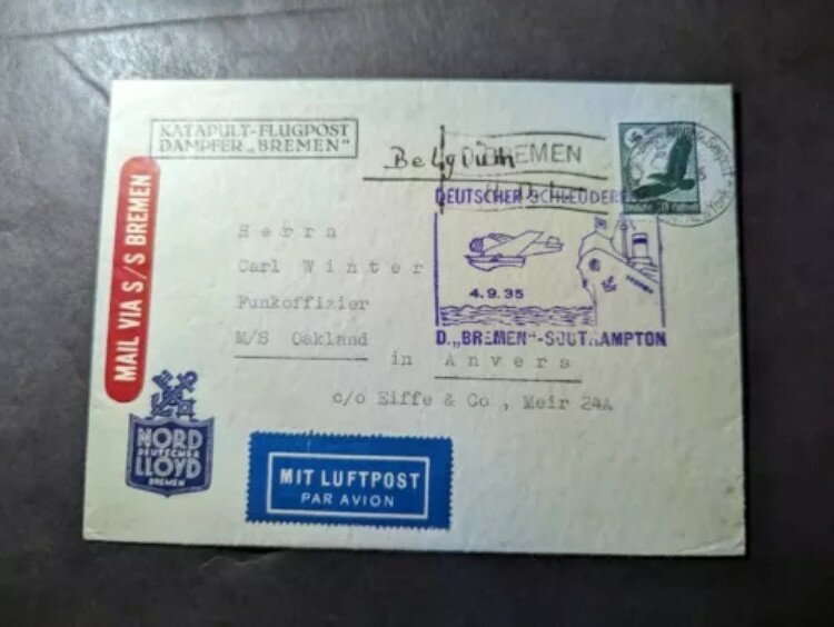 1945年 ドイツ航空郵便船カバー無線通信士 MS オークランドからアンヴァースへの無線通信士