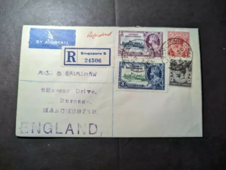 1935年 イギリス領シンガポール海峡植民地からの航空郵便カバー(イギリス・バーネージ宛)