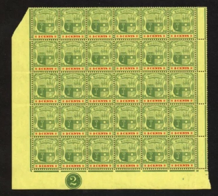 モーリシャス 1904-07 3c 緑とカーマイン 30 枚のプレートブロック SG 166 Mnh。