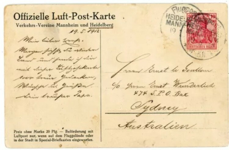 ドイツ 10pfg ゲルマニア-初飛行-Mu#30a-イラスト付き飛行カード-FLUGPOST HEID