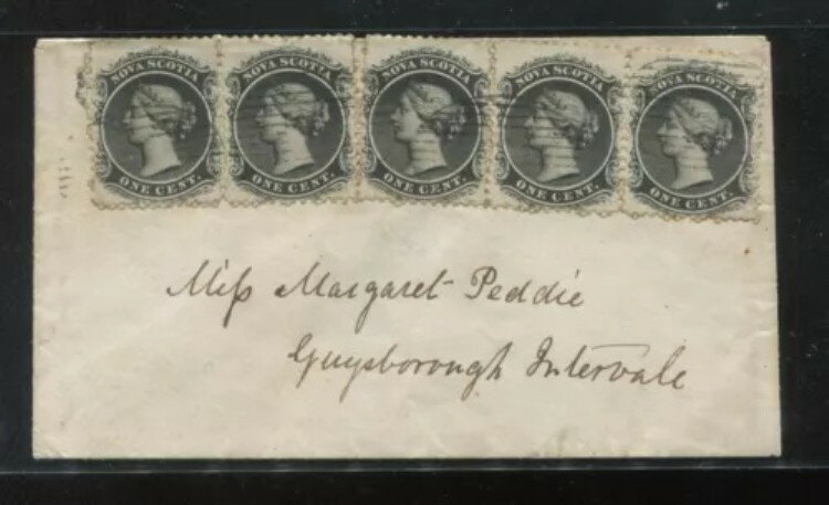1862年ノバスコシア州ハリファックス発ガイズボロ行きの封筒（1860年1セント切手5枚付き）