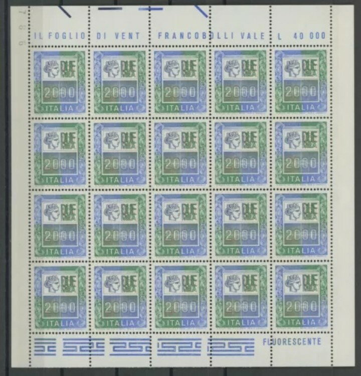 1978-79年 イタリア共和国 No. 1439、2000年 多色刷り リラ、20枚入り