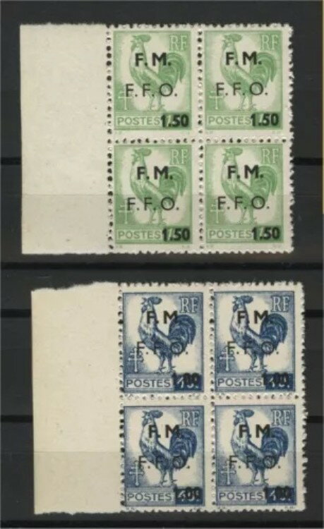 フランス、珍しい解放切手「コニャック」NH ブロック 4 枚!