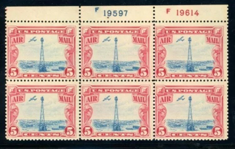 米国切手 #C11 ビーコン 5 セント - プレート 6 枚セット - プレート番号 2 枚「上部なし」 - CV $300.00