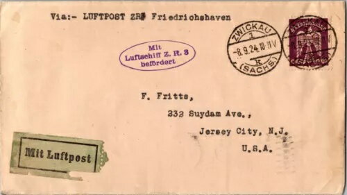 1924年 ドイツ ツヴィッカウ ZR3 ツェッペリン 封筒カバー 米国ニュージャージー州ジャージーシティ