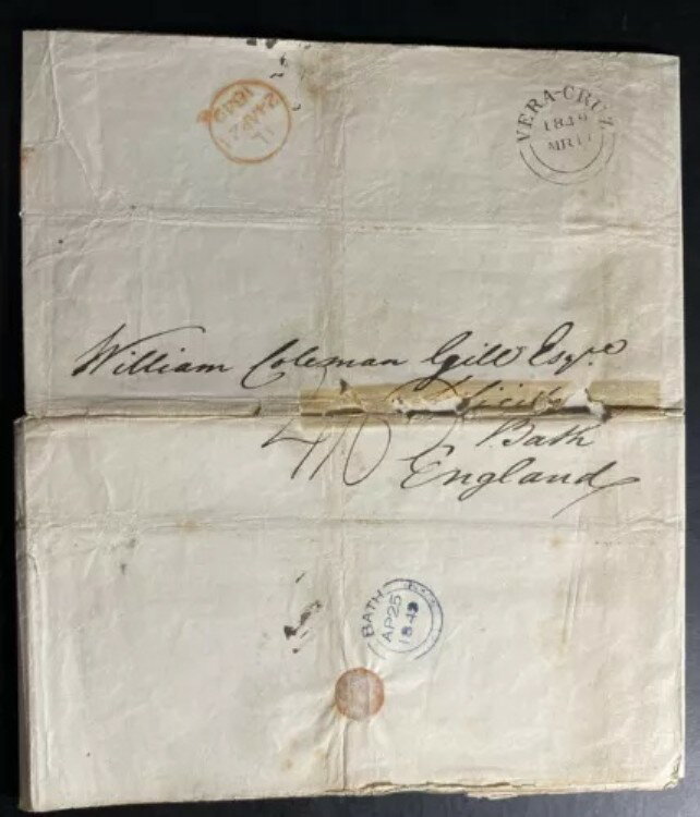 1849年 メキシコのベラクルスにあるイギリス郵便局からイギリスのバースに宛てた手紙のシートカバー