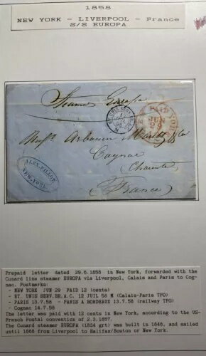 1858年 ニューヨーク発コニャック・フランス行きSSヨーロッパ号レターシートカバー