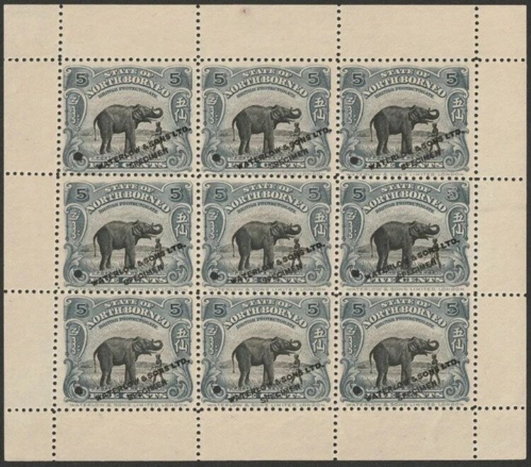 北ボルネオ 1909年 象 5セント カラー試作品 見本シート。希少品。