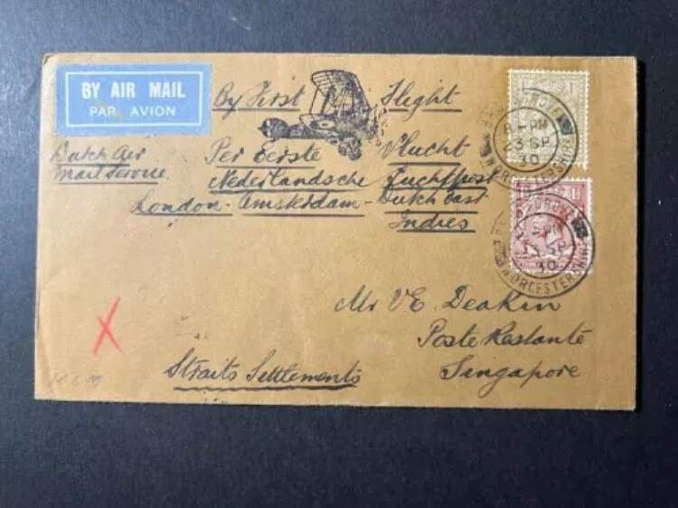 1930年 イギリス航空郵便初飛行カバー FFC ウスターシャーからシンガポール海峡