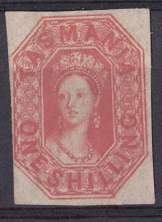 D13) Tasmania 1858 1/- de color amarillo incompleto.SG41 mng, con casi cuatro blancos claros. — vista 3