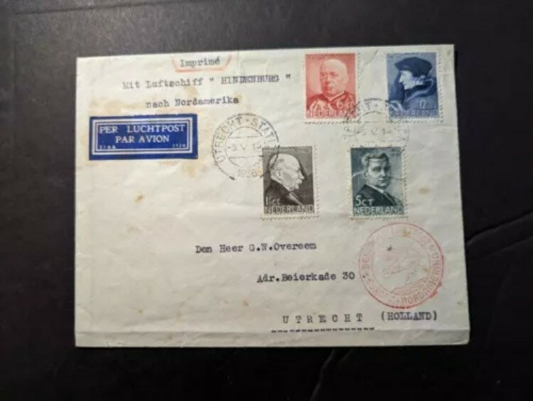 1936年オランダ航空便LZ129ヒンデンブルクツェッペリン号カバーユトレヒトオランダローカル
