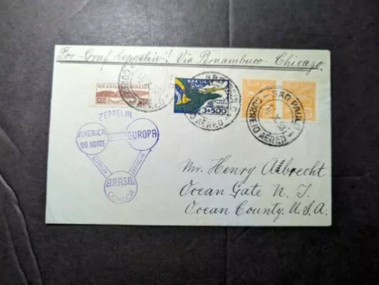 1933年ブラジルLZ127グラーフ・ツェッペリン航空郵便カバー サンパウロからオーシャンゲートニュージャージー米国まで