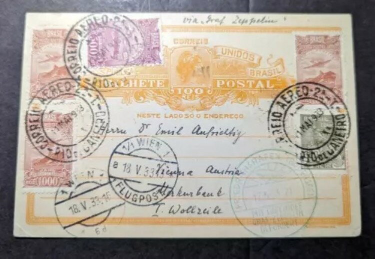 1933年ブラジルLZ127グラーフ・ツェッペリンポストカードカバーリオデジャネイロからオーストリアのウィーンへ