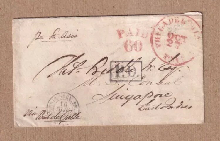 フィラデルフィア 1857 表紙 - トーマス・ビドル米国領事、ポワン・ド・ゴール経由シンガポール