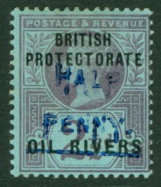 SG 32 ニジェール海岸保護領、オイルリバーズ 1893。?d に 2?d、青地に紫...