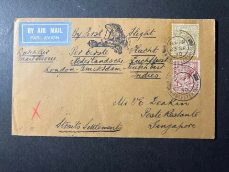 1930年 イギリス航空郵便初飛行カバー FFC ウスターシャーからシンガポール海峡