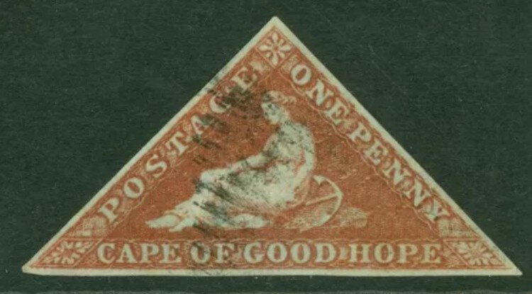 SG 1a 喜望峰 1853年。濃い青色の紙に1dの濃いレンガ色。フル...